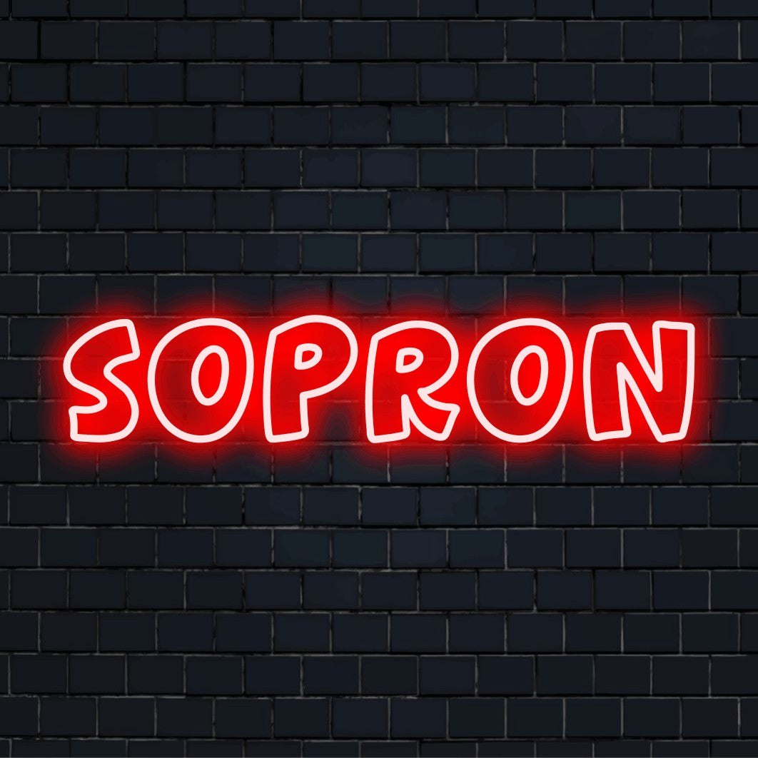 Sopron Neon Sign, glowing neon text on dark brick wall
