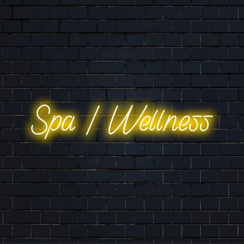 Spa Wellness Neon Sign, bright LED glow on dark brick background