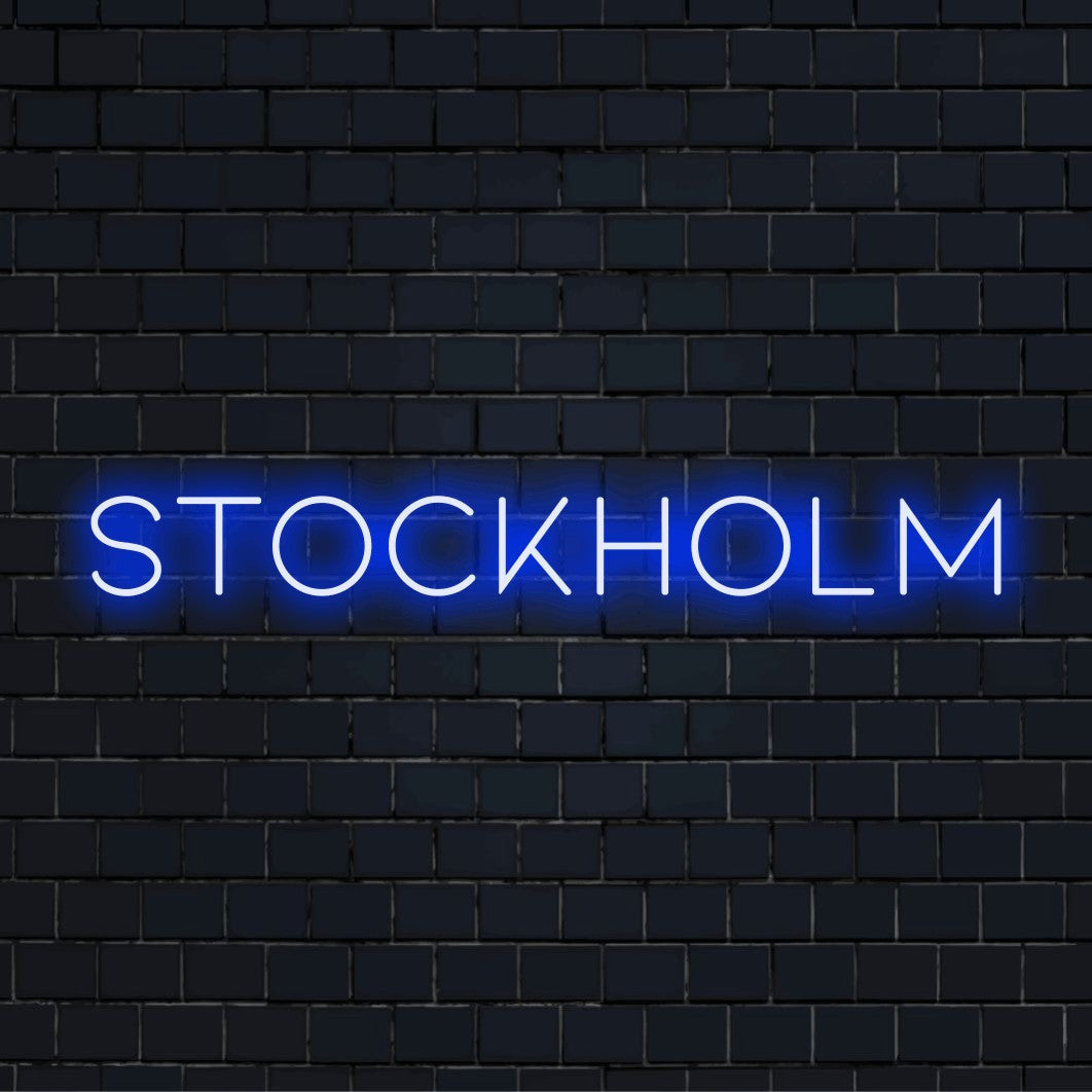 Stockholm LED Neon Sign, bright LED glow on dark brick background