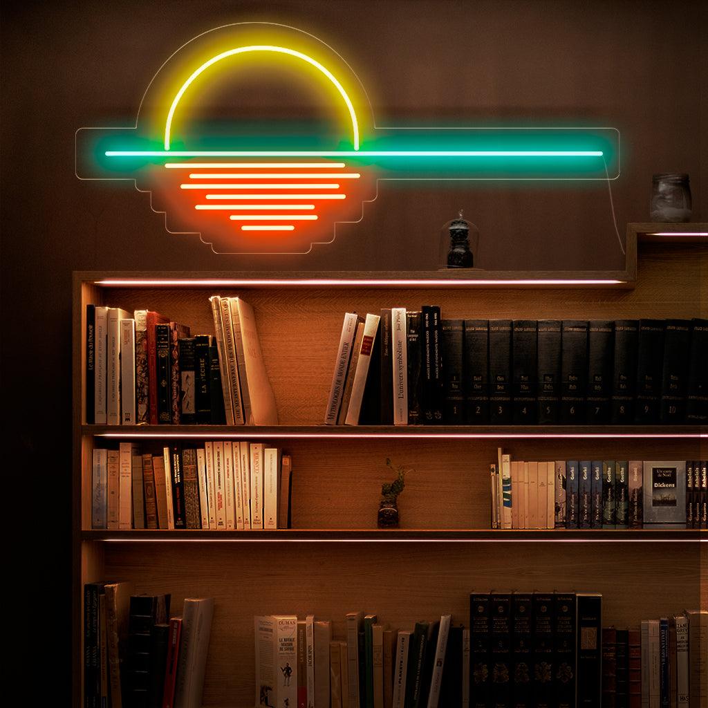 Ein fesselndes Neonschild mit einer lebendigen Sonnenuntergangsszene.