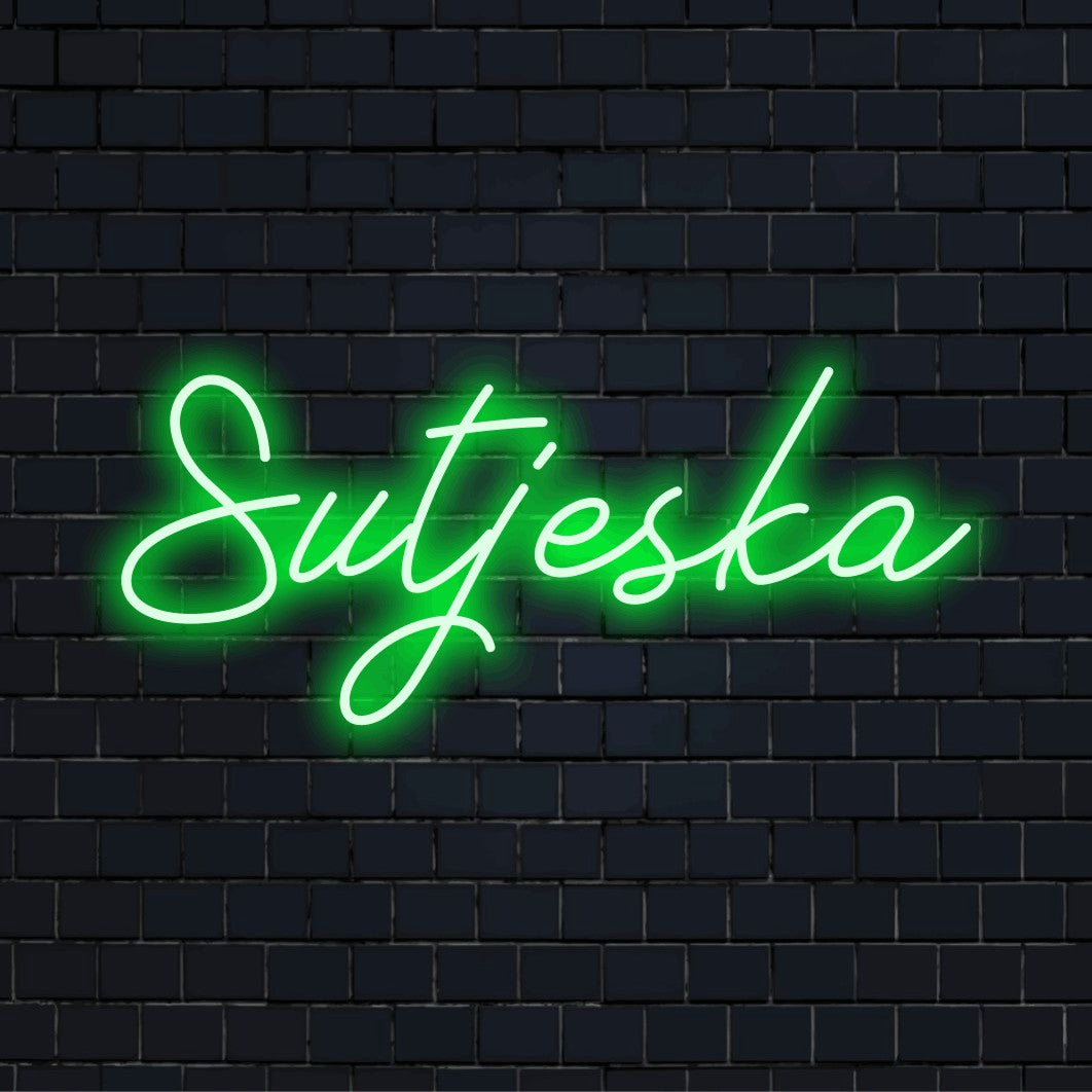 Sutjeska Neon Sign, glowing wall decor on black brick background