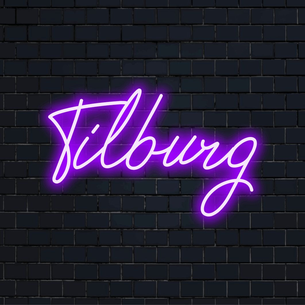 Tilburg LED Neon Sign, soft neon glow against black brick wall