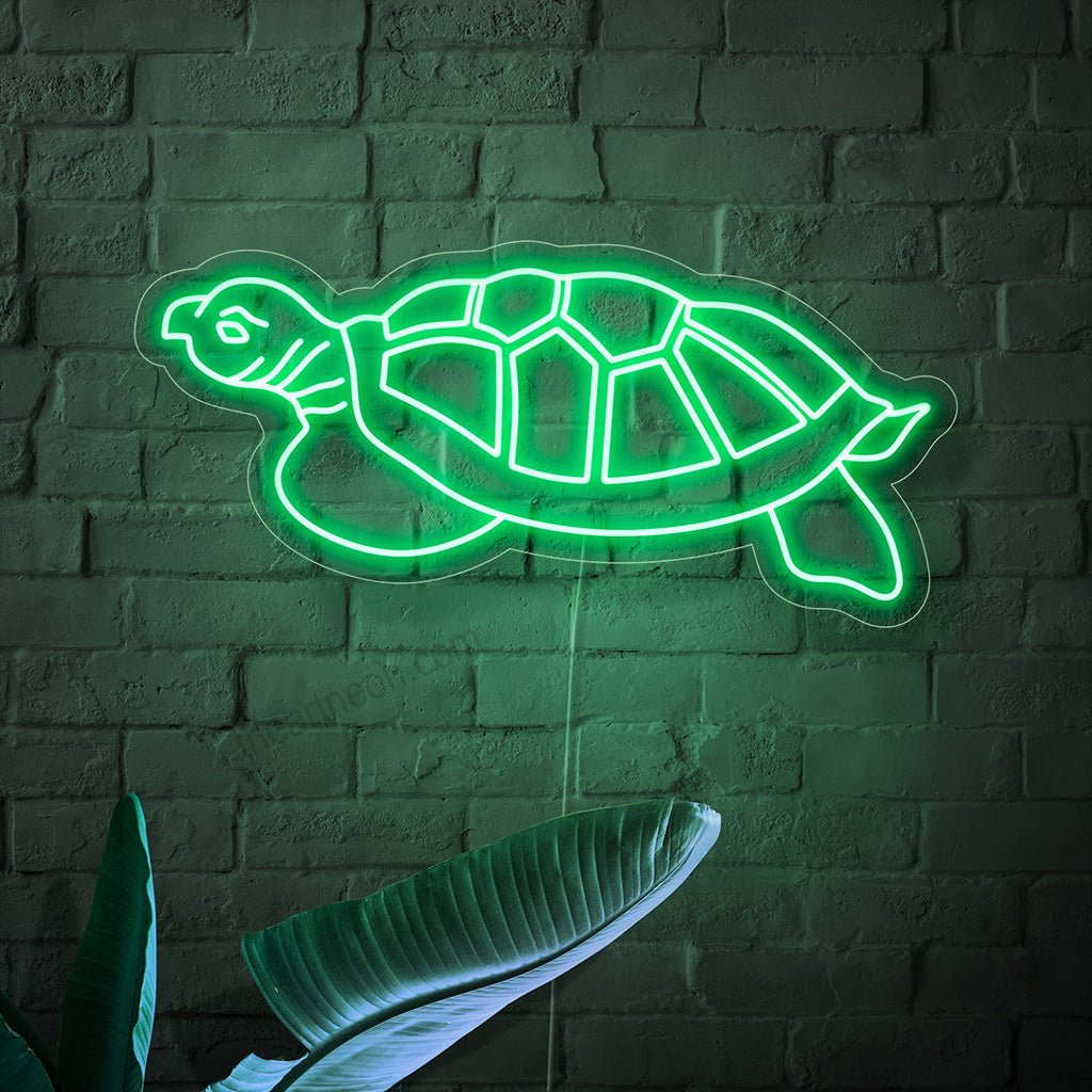 Das Schildkröten-Neonschild ist ein Dekorationsstück mit Naturmotiven, das Langsamkeit symbolisiert und ein ruhiges und sanftes Licht ausstrahlt.