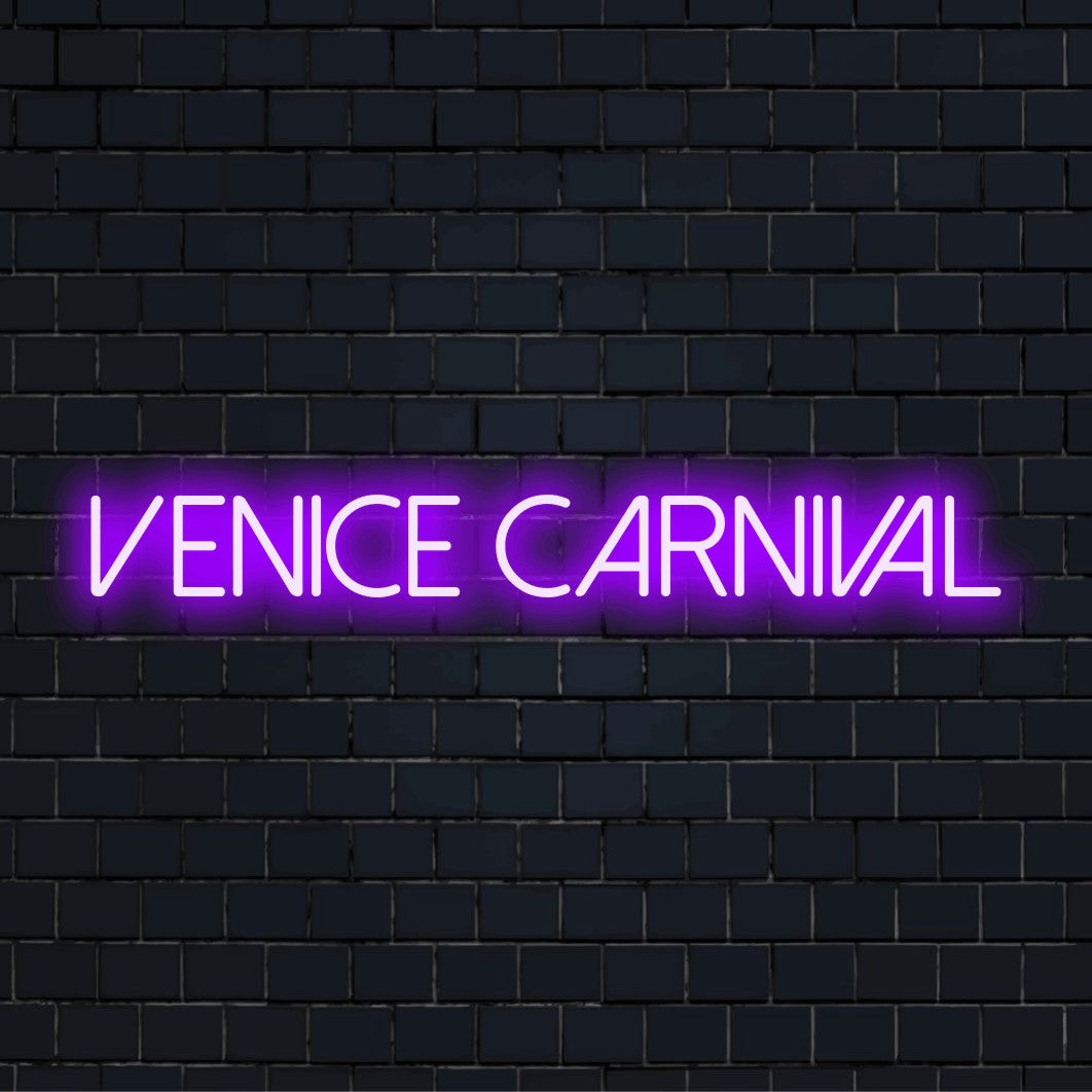 Venice Carnival LED Neon Sign, bright LED glow against brick backdrop