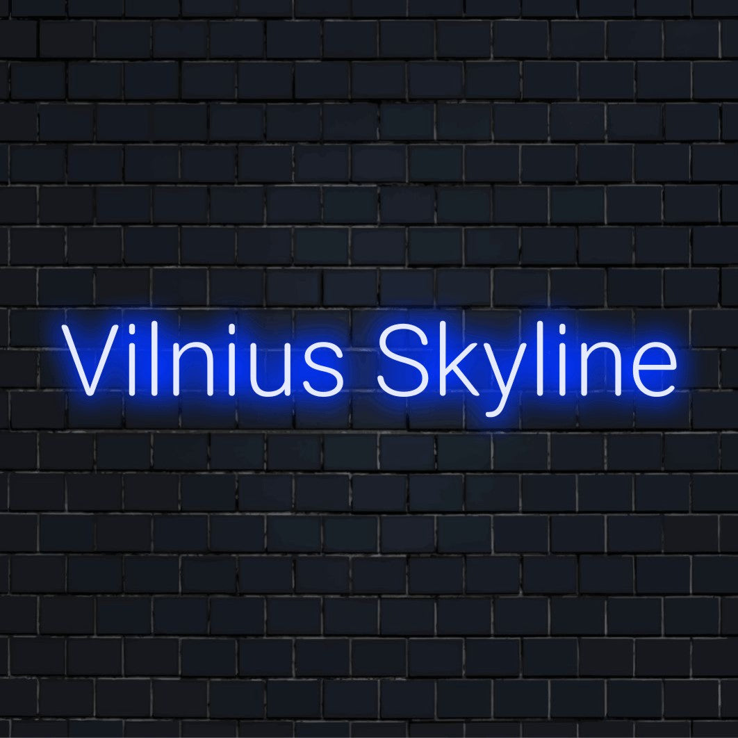 Vilnius Skyline Neon Light with soft neon glow against black brick wall