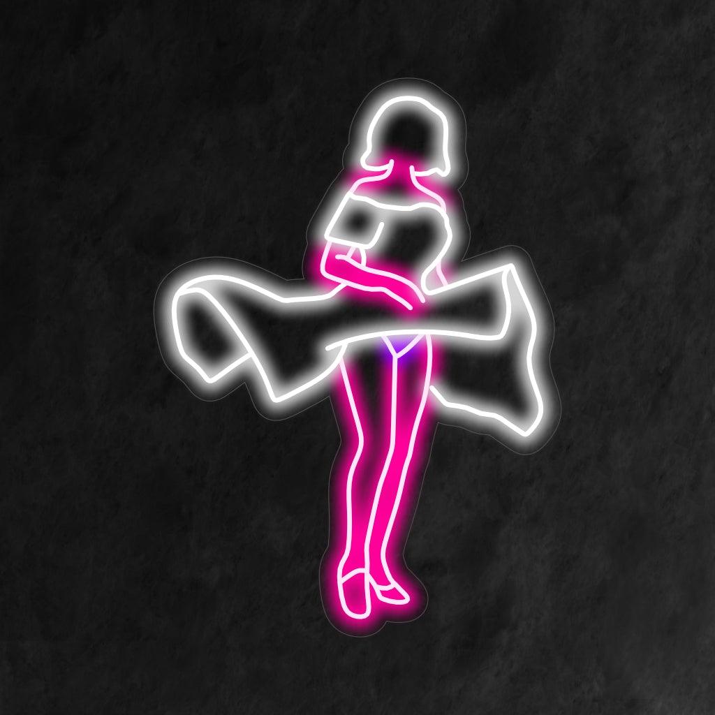 Ein fesselndes Vintage-Neonschild mit einer Frau in einem langen Kleid, deren Rock anmutig vom Wind hochgehoben wird.
