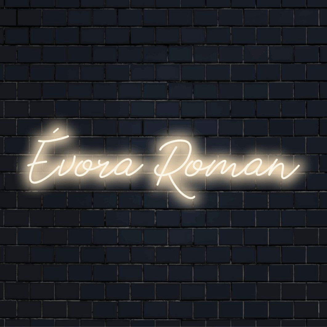 Vora Roman Neon Sign, glowing lettering against black brick wall