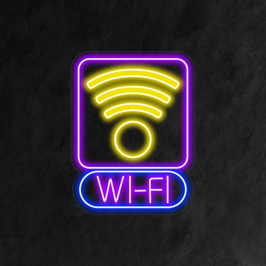 Ein stilvolles Neonschild mit dem ikonischen Symbol für WLAN, das die Verfügbarkeit eines Internetzugangs darstellt.