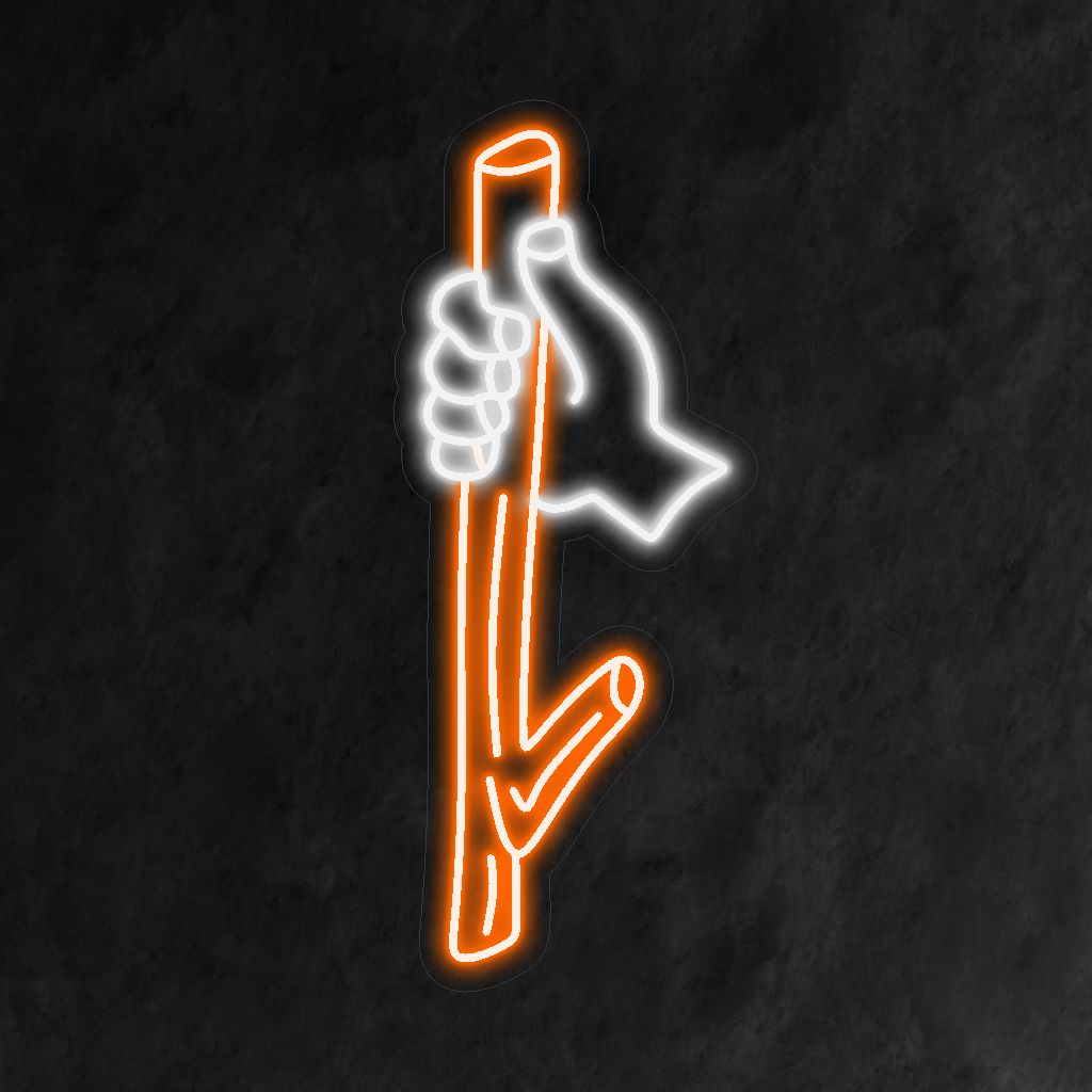 Handgefertigtes Neonschild aus Holz mit dem Motiv „Stock in der Hand“, eine rustikale und von der Natur inspirierte Ergänzung für Ihre Einrichtung