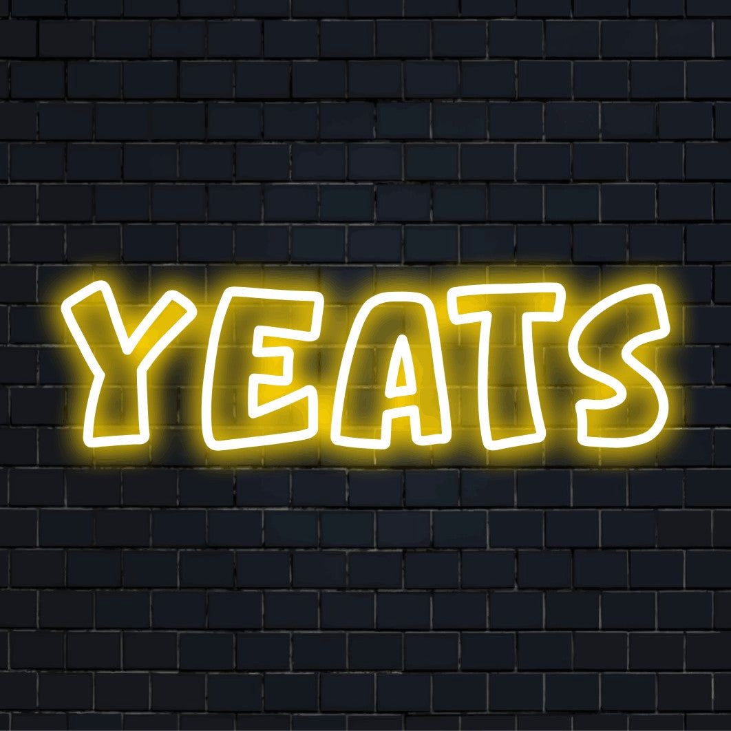 Yeats Neon Sign, glowing lettering on dark brick background