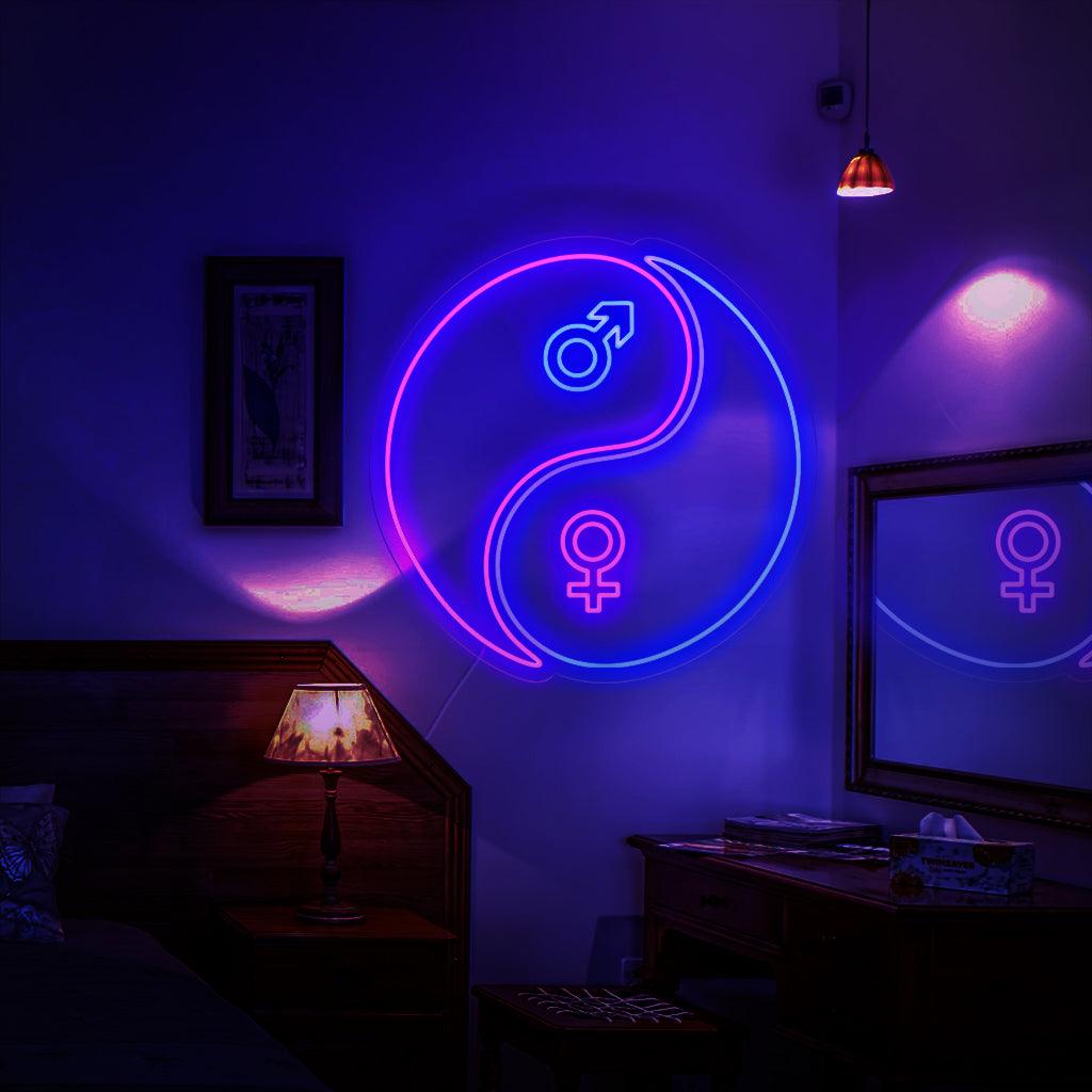Ein fesselndes Neonschild mit dem Yin- und Yang-Symbol, das das harmonische Gleichgewicht zwischen männlichen und weiblichen Energien darstellt.