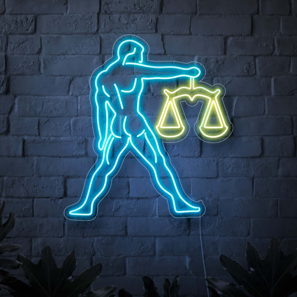 Ein faszinierendes Neonschild mit dem Symbol der Waage, das einen Mann mit der Waage zeigt. Dieses astrologische Neonschild verleiht jedem Raum einen Hauch von Mystik und Eleganz und strahlt ein lebendiges und bezauberndes Licht aus. Es stellt das Sternzeichen Waage dar und symbolisiert Gleichgewicht, Harmonie und Gerechtigkeit.