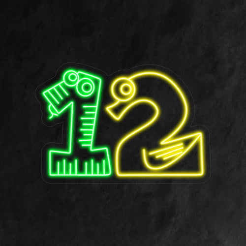 Das „12. Geburtstags-Neonschild“ zeigt die skurrile Zahl 12, wobei die „1“ einer grünen Schlange und die „2“ einem gelben Schwan ähnelt. Perfekt für eine lebhafte und lustige Kinderparty.
