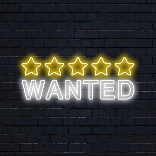 Leuchtendes, individuelles LED-Neonschild mit der fettgedruckten Aufschrift „5 Stars Wanted“, perfekt für eine auffällige Neondekoration.
