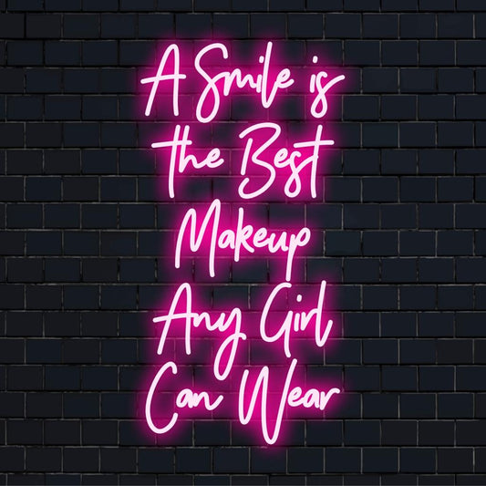 LED neon sign with stylish script that reads 'A Smile Is The Best Makeup Any Girl Can Wear', perfect neon wall art statement.