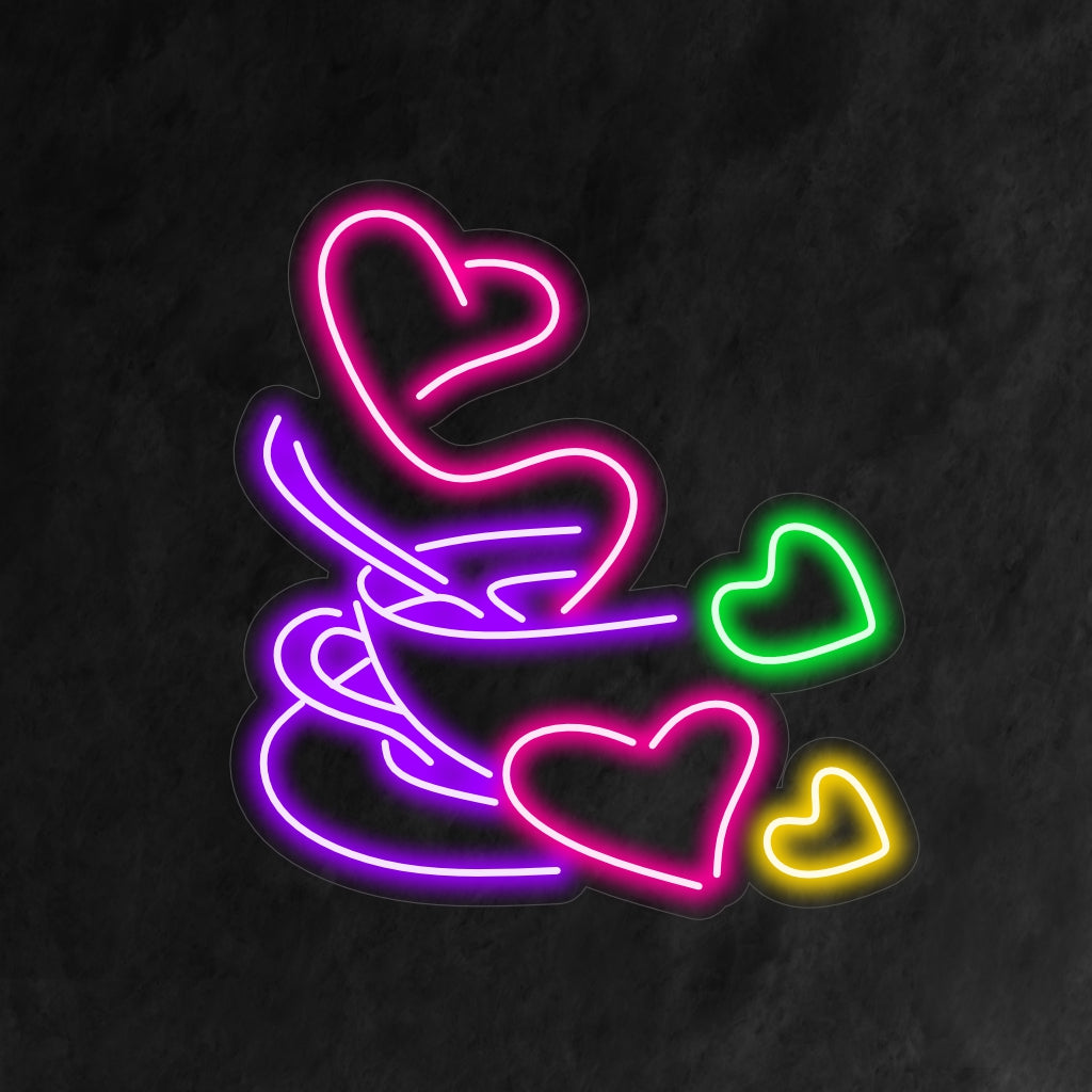 Neon art piece with a glowing coffee cup design, ideal as neon wall art or custom LED decor for cozy spaces.