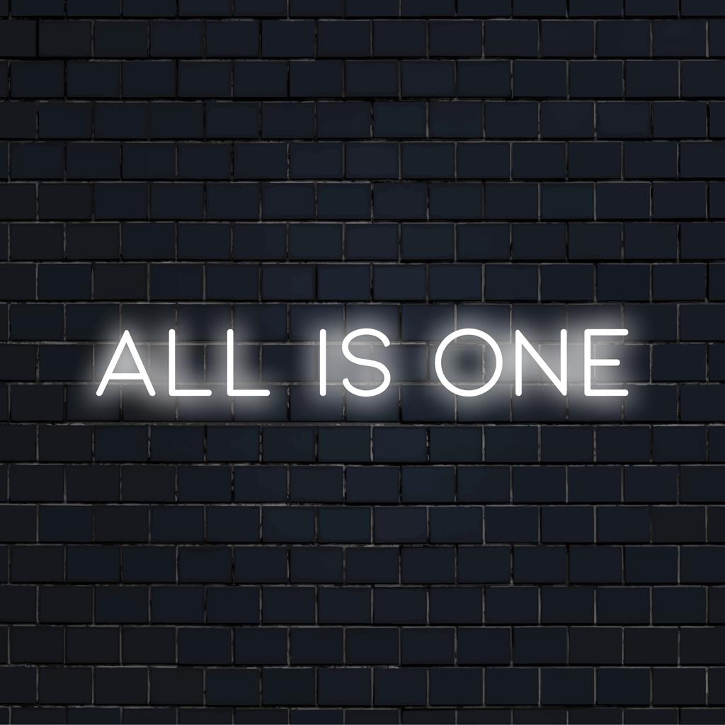 Custom-made LED neon sign displaying 'All Is One'—personalized minimalist light art for any space.