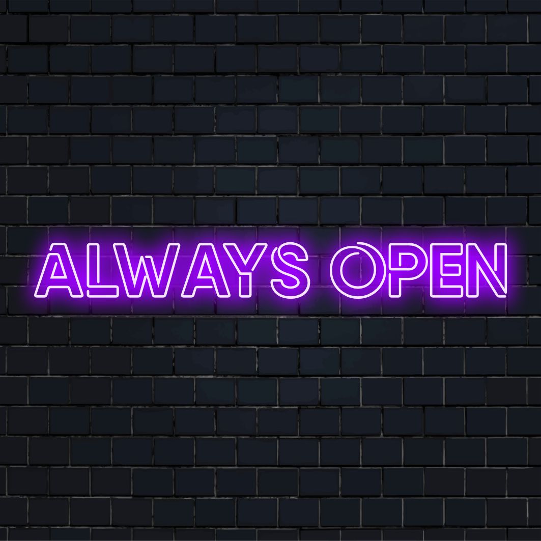 LED-Neonschild mit dem Text „Always Open“, lebendig und einladend, perfekte individuelle Neondekoration für jeden Raum.