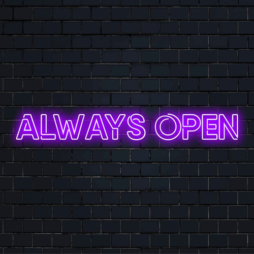 LED-Neonschild mit dem Text „Always Open“, lebendig und einladend, perfekte individuelle Neondekoration für jeden Raum.