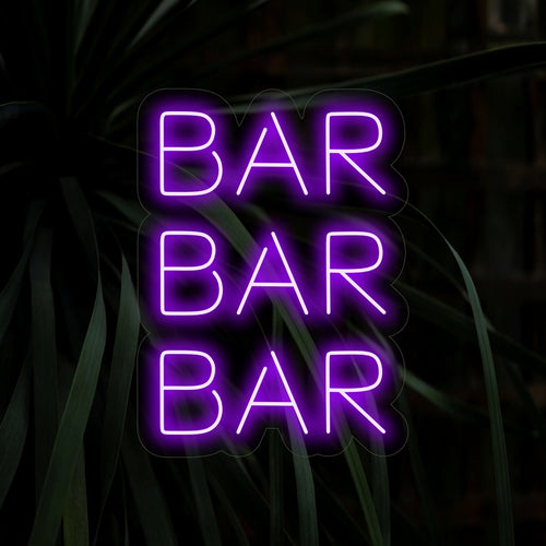 "Bar Bar Bar Neon Sign" - A vibrant neon light with a bold and repeating display of the word "Bar," infusing excitement and flair into your bar or pub.