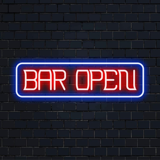 Custom LED neon sign displaying Bar Open in vibrant, glowing letters, perfect for bar decor and personalized neon light.