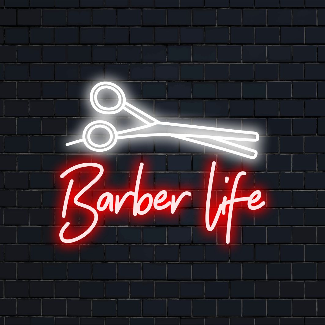 Custom Barber Life LED Neon Sign featuring sharp lines and classic design, perfect neon light decor for barbershops.