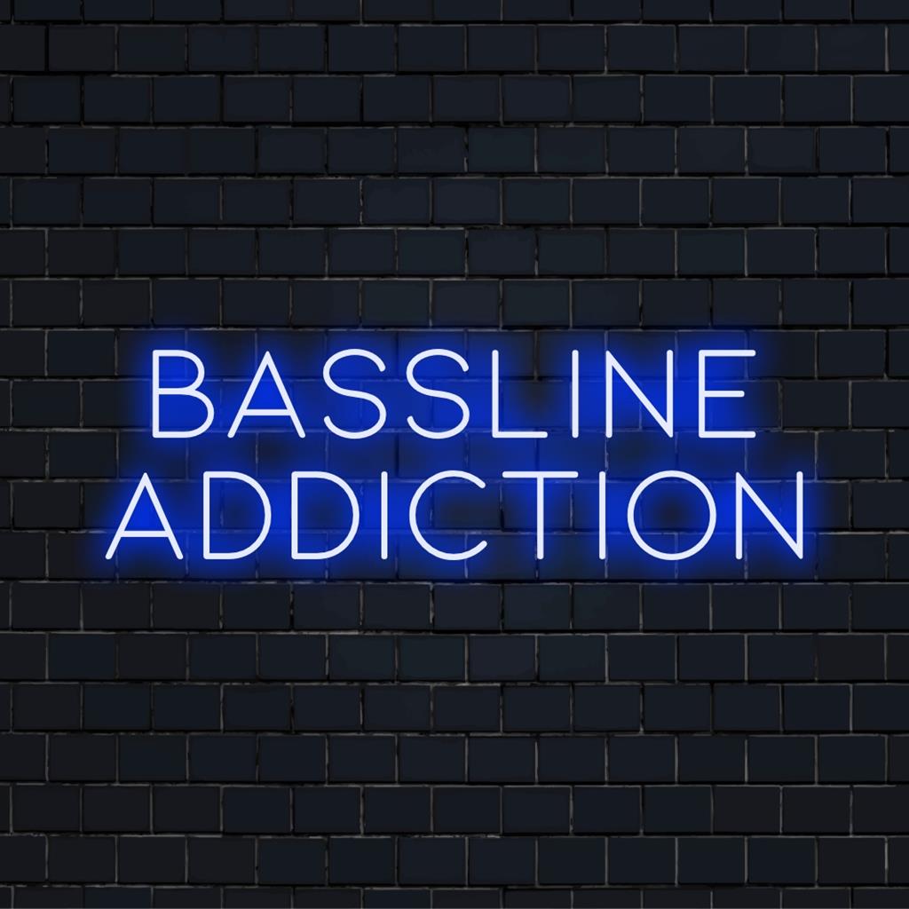 Modernes LED-Neonschild für Bass-Enthusiasten mit dynamischen Linien und lebendigem Leuchten, perfekt für eine stilvolle Dekoration mit Musikthema.