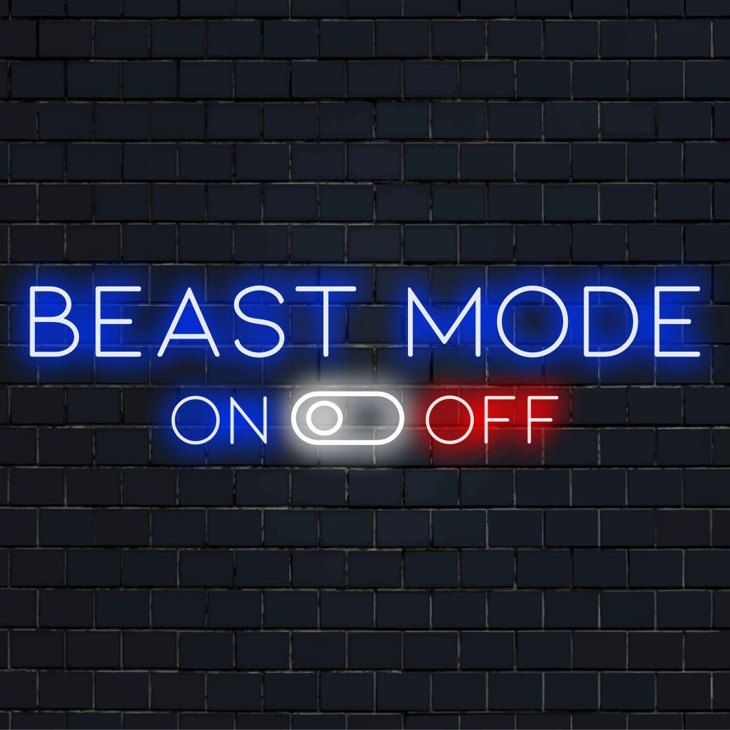 Neon wall art with Beast Mode ON in vibrant LED lights, perfect for those powerful and motivational decor vibes.