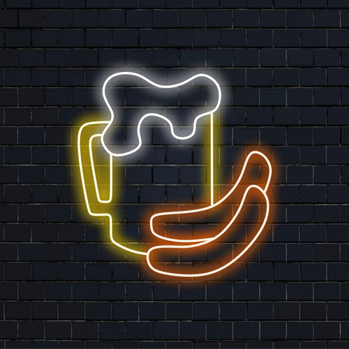 „Bier- und Wurst-Neonschild“ – Eine lebendige Neonbeleuchtung mit den Symbolen Bier und Wurst bringt Geselligkeit und Freude in Ihre Kneipe oder Ihren Biergarten.
