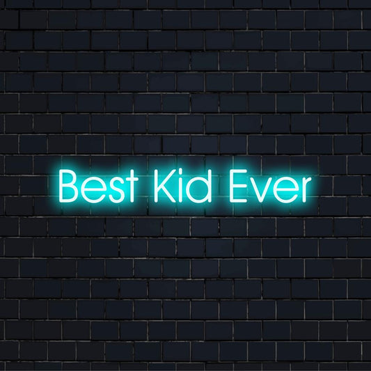 Custom LED neon sign with the text Best Kid Ever glowing vibrantly; ideal for personalized neon wall art.