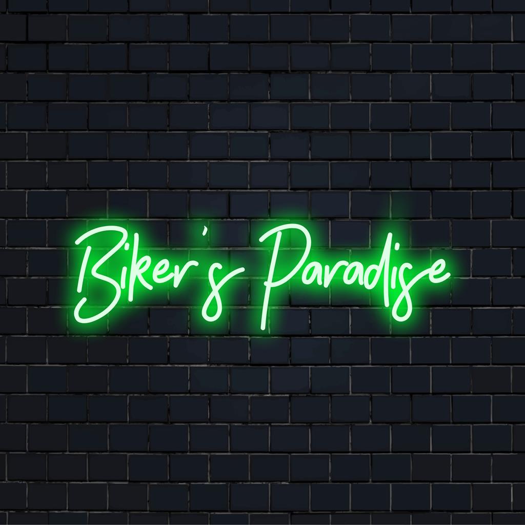 Custom Biker's Paradise LED neon sign, striking illuminated decor perfect for any space; a unique touch for motorcycle enthusiasts.