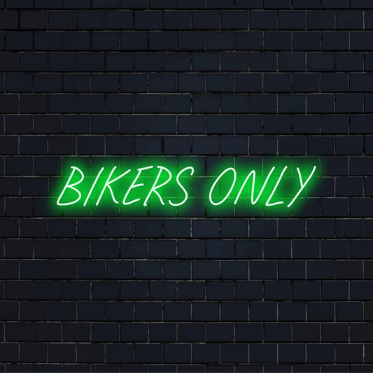 Custom LED neon sign glowing with Bikers Only text, perfect for motorcycling enthusiasts and unique space decor.