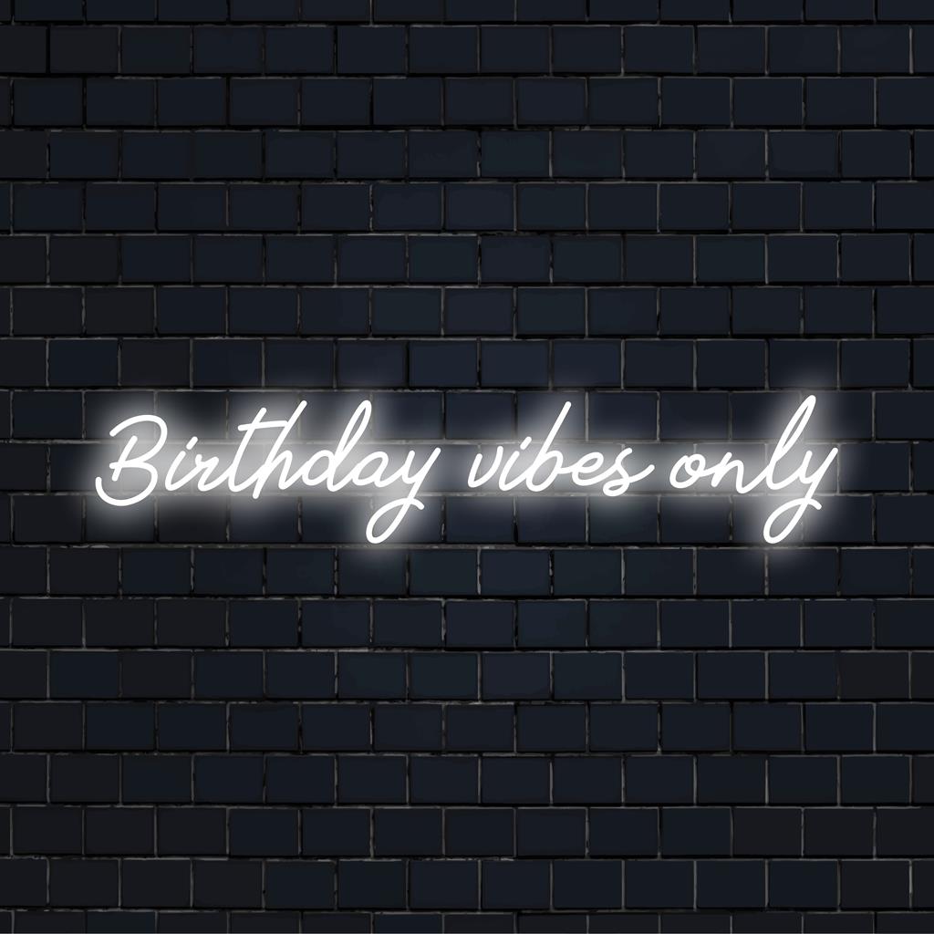 Custom LED neon sign reading Birthday Vibes Only in vibrant hues. Perfect neon light decor for celebratory spaces.