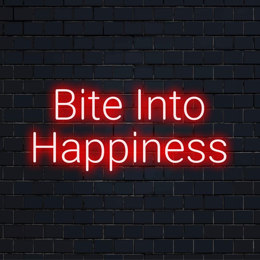 Benutzerdefiniertes LED-Neonschild: Bite Into Happiness, lebendiges Neondekor, das in jedem Raum eine fröhliche Atmosphäre schafft.