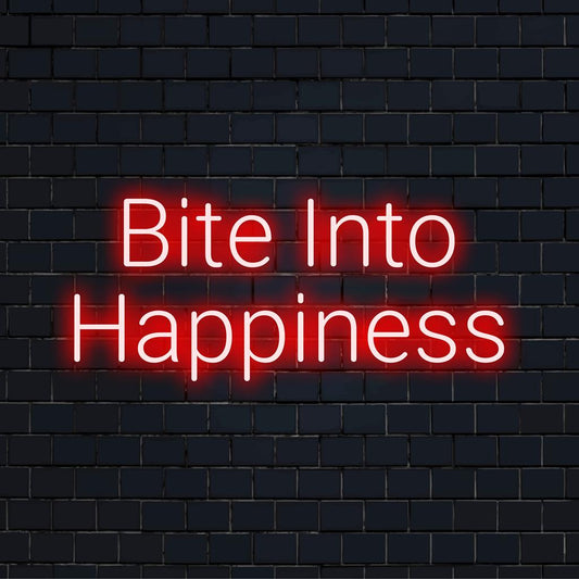 Custom LED Neon Sign: Bite Into Happiness, vibrant neon decor creating joyful ambiance in any space.