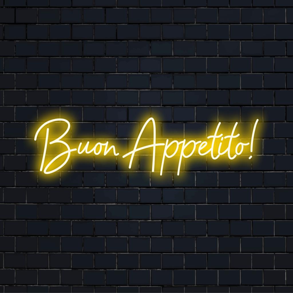 Vibrant 'Buon Appetito!' LED neon sign illuminates any space, offering a warm, inviting ambiance with custom neon light art.