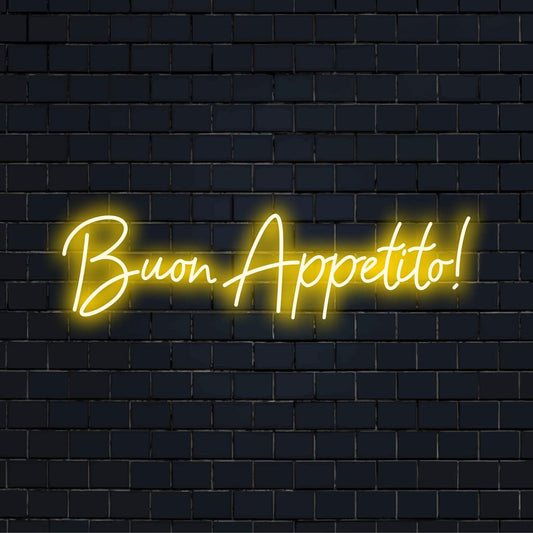 Vibrant 'Buon Appetito!' LED neon sign illuminates any space, offering a warm, inviting ambiance with custom neon light art.