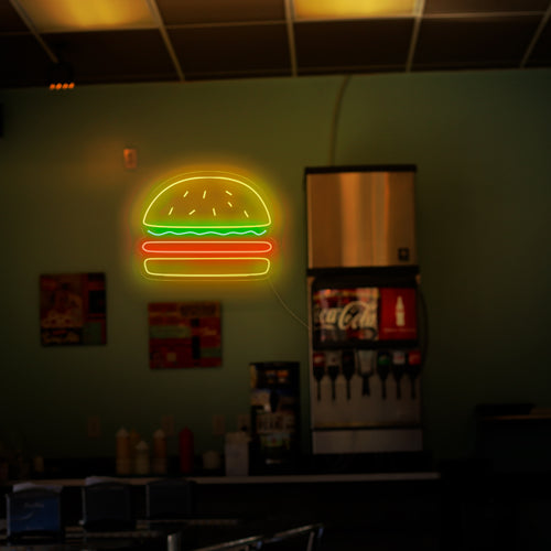 „Burger-Neonschild“ – Ein köstliches Neonlicht mit dem ikonischen Symbol eines Burgers, das Ihrem Burger-Laden oder Restaurant eine Atmosphäre der Köstlichkeit und der Liebe zu klassischen Fast-Food-Favoriten verleiht.