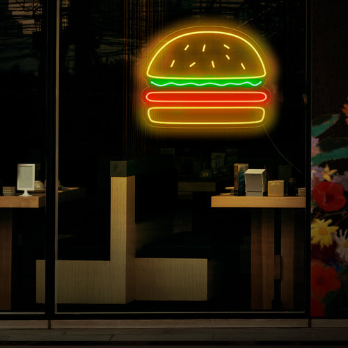 „Burger-Neonschild“ – Ein köstliches Neonlicht mit dem ikonischen Symbol eines Burgers, das Ihrem Burger-Laden oder Restaurant eine Atmosphäre der Köstlichkeit und der Liebe zu klassischen Fast-Food-Favoriten verleiht.