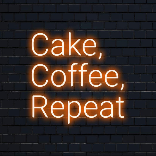 Custom LED neon sign featuring the phrase Cake, Coffee, Repeat in vibrant colors; perfect for modern wall decor.