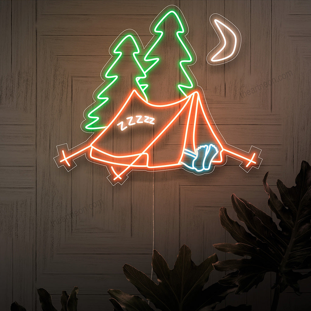 „Camping-Neonschild“ – Ein abenteuerliches Neonlicht mit dem Wort „Camping“, das Ihrem Wohnraum eine Atmosphäre verleiht, die den Geist des Campings und der freien Natur feiert.