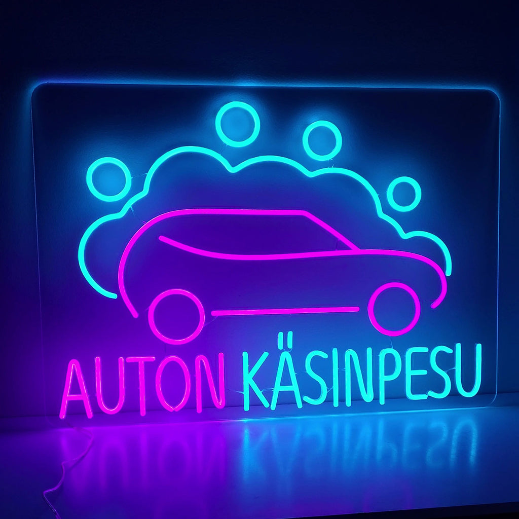 „Autowasch-Neonschild“ – Ein leuchtendes Neonlicht mit den Worten „Autowaschanlage“, das eine einladende und dynamische Atmosphäre für Ihr Autowaschgeschäft schafft.