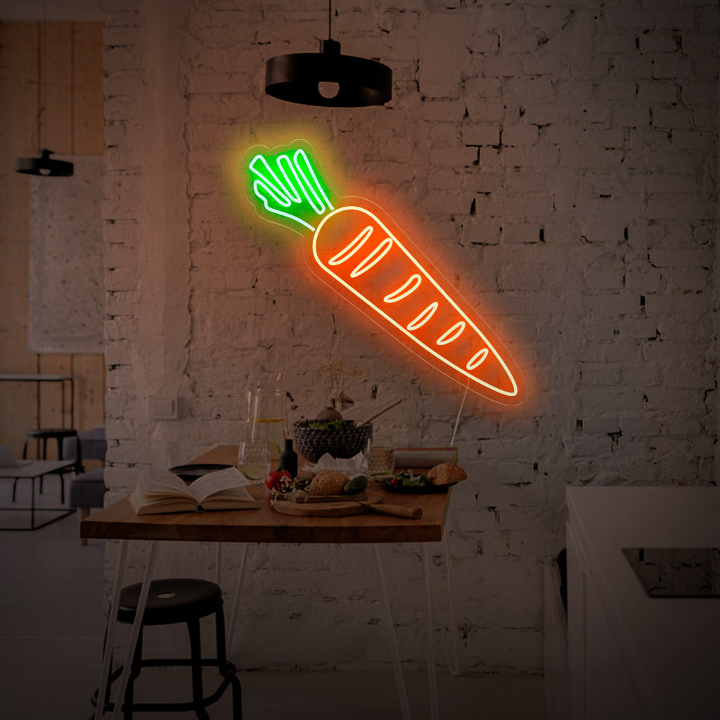 „Karotten-Neonschild“ – Ein verspieltes Neonlicht mit dem skurrilen Symbol einer Karotte, das eine lebendige Atmosphäre schafft und die Liebe zu frischen Produkten in Ihrer Küche oder Ihrem gemüseorientierten Interieur zum Ausdruck bringt.