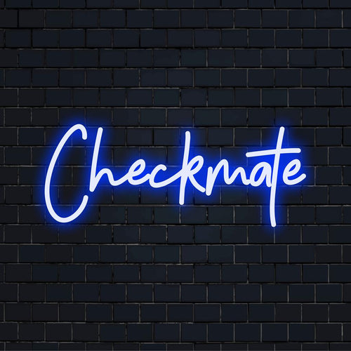 Maßgeschneidertes LED-Neonschild mit den Worten „Checkmate“ in eleganter Schrift, das Ihrem Raum Charme verleiht; perfekte Neonlicht-Dekoration.