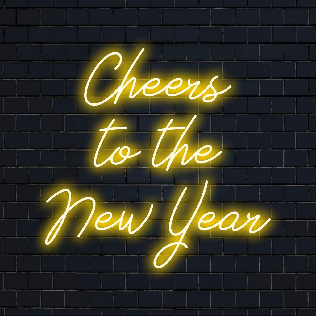 Farbenfrohes „Prost auf das neue Jahr!“-Neondesign. Perfekte LED-Kunst für festliche Dekoration, die ein lebendiges Festflair verleiht.