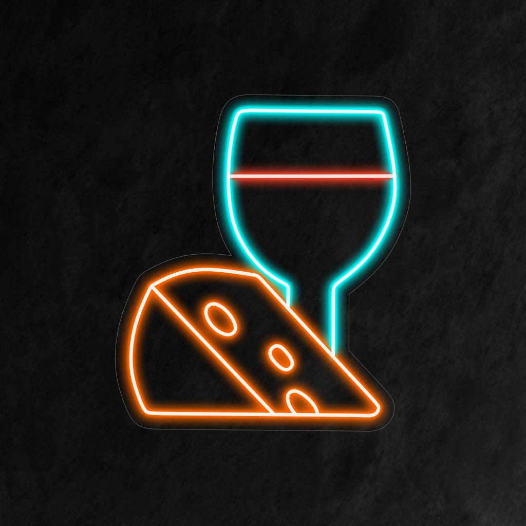 „Käse mit Wein-Neonschild“ – Ein geschmackvolles und elegantes Neonlicht, das die köstliche Kombination aus Käse und Wein zur Geltung bringt und Ihrer Küche oder Ihrem Essbereich Wärme und Charme verleiht.