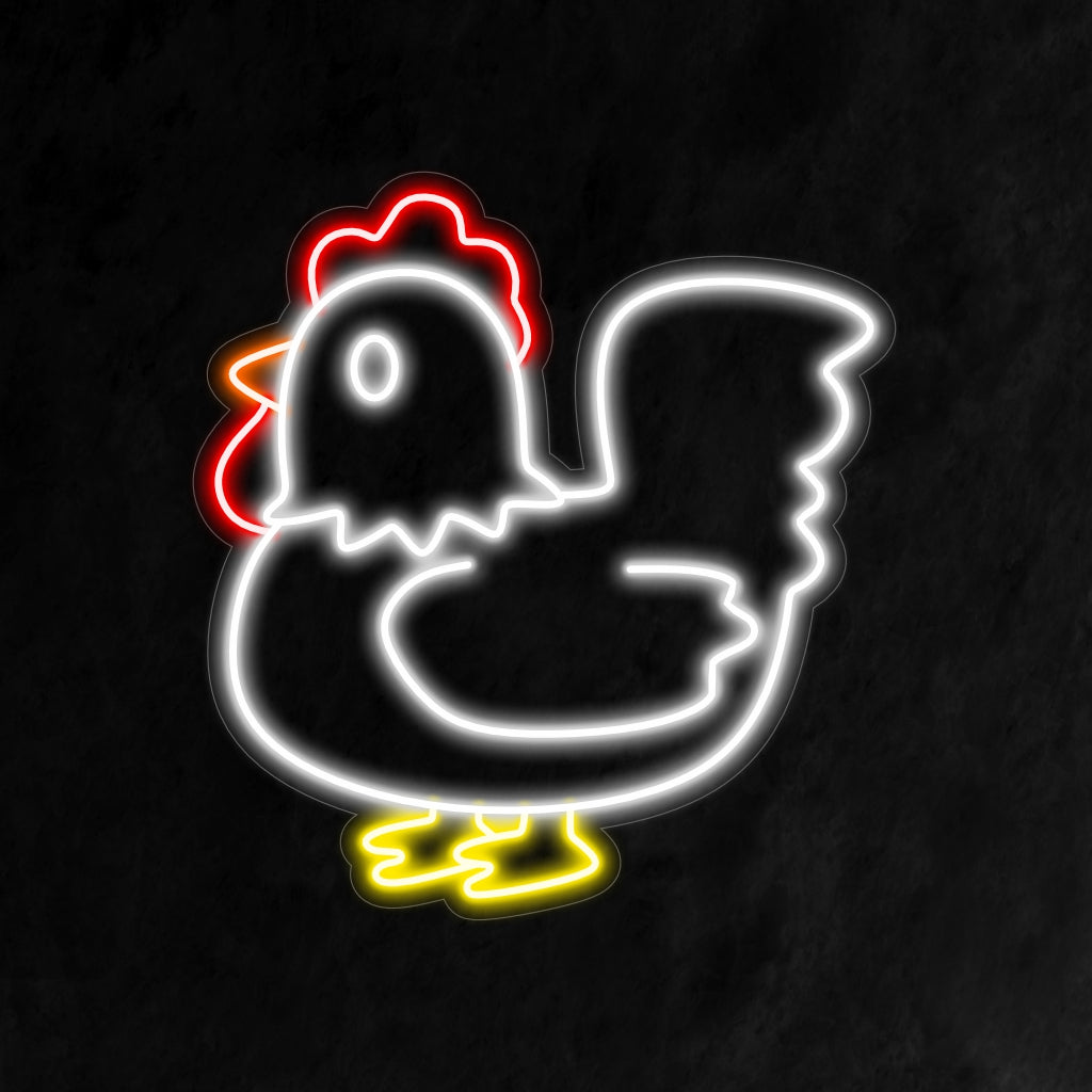 "Chicken Neon Sign" – A quirky and charming neon light showcasing a whimsical chicken design, infusing your space with playful vibes and culinary charm.