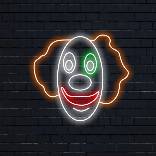 „Clown Face Neon Sign“ – Ein verspieltes und lebendiges Neonlicht, das das skurrile Design eines Clowngesichts zeigt und Ihrem Raum Fröhlichkeit und einen Hauch von Spaß verleiht.