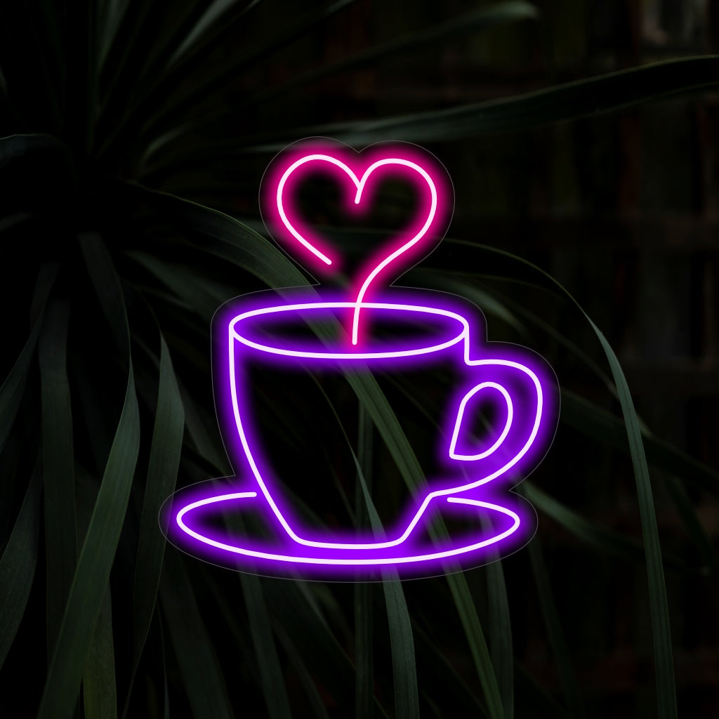 „Kaffeetasse mit Herzrauch-Neonschild“ – Ein romantisches und aromatisches Neonlicht, das eine Kaffeetasse mit herzförmigem Rauch zeigt und Ihrem Café oder Ihrer gemütlichen Ecke eine charmante und einladende Atmosphäre verleiht.