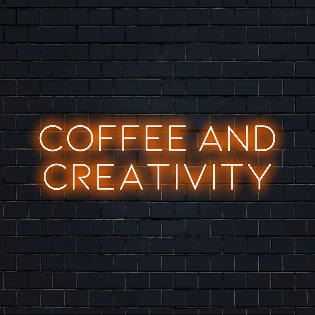 Custom-made neon sign spelling Coffee And Creativity in glowing LED lights, ideal for modern decor or personalizing your space.